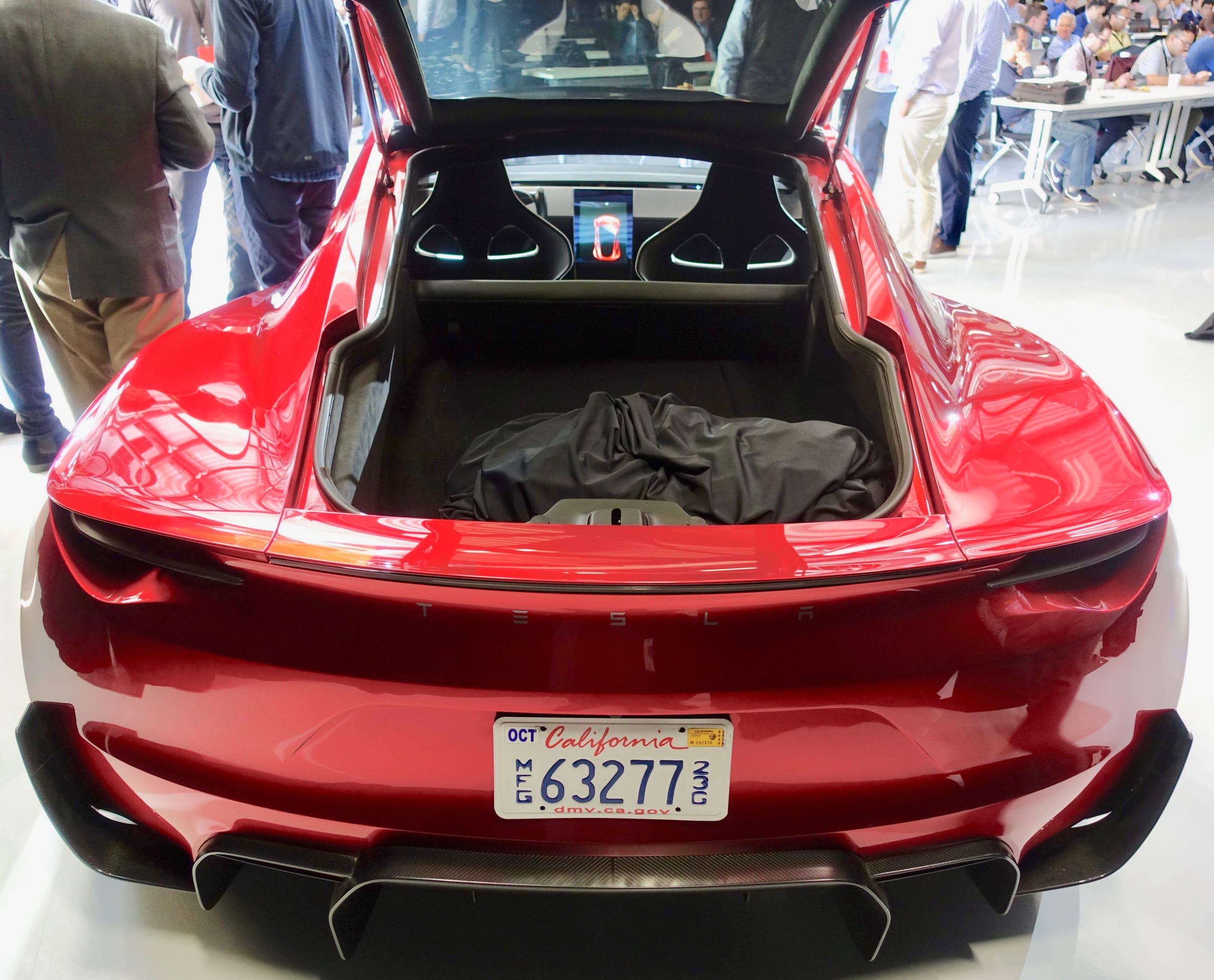 Rear of the Tesla Roadster prototype with the trunk open