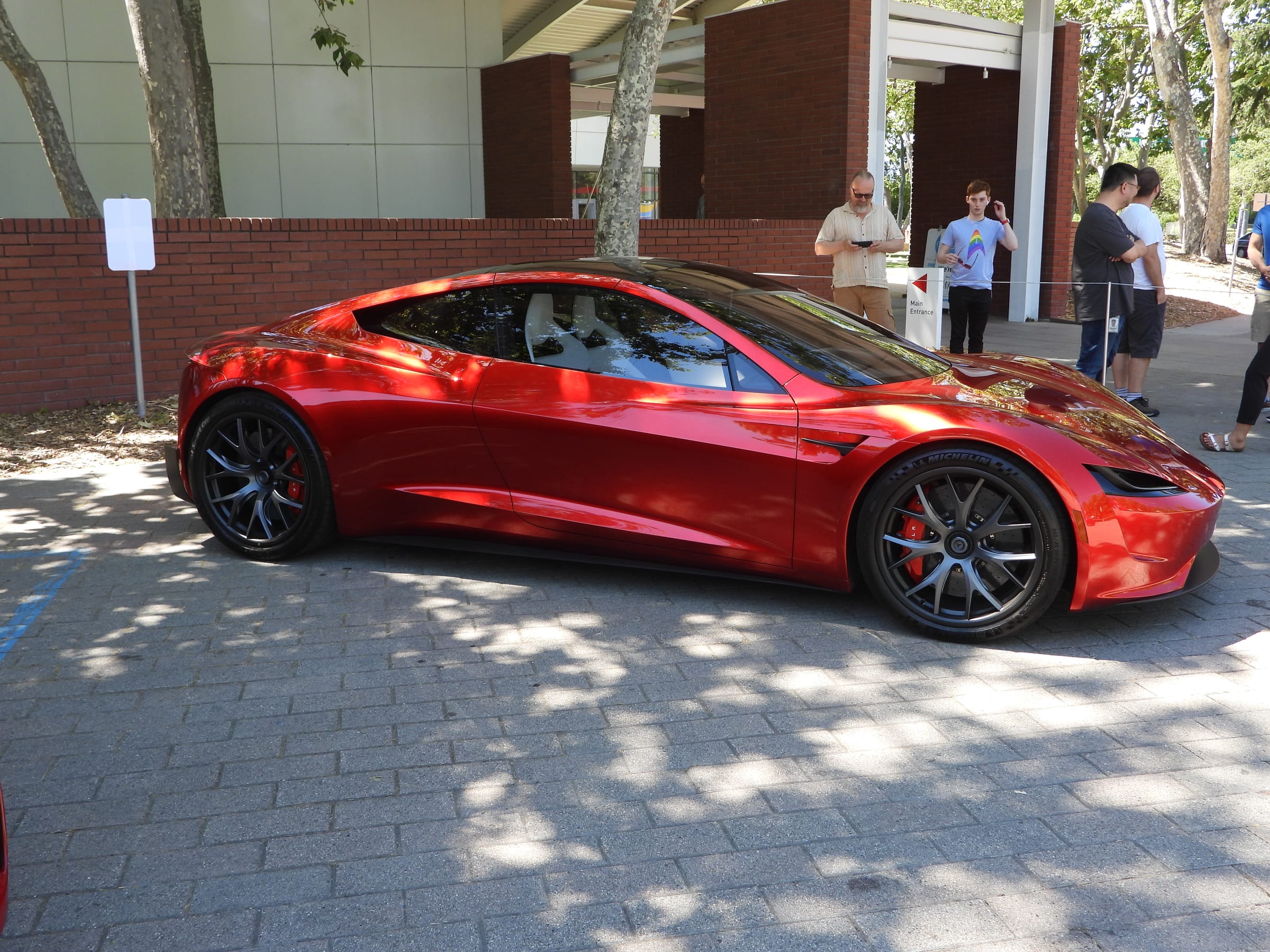 Red Tesla Roadster prototype, front three-quarter view